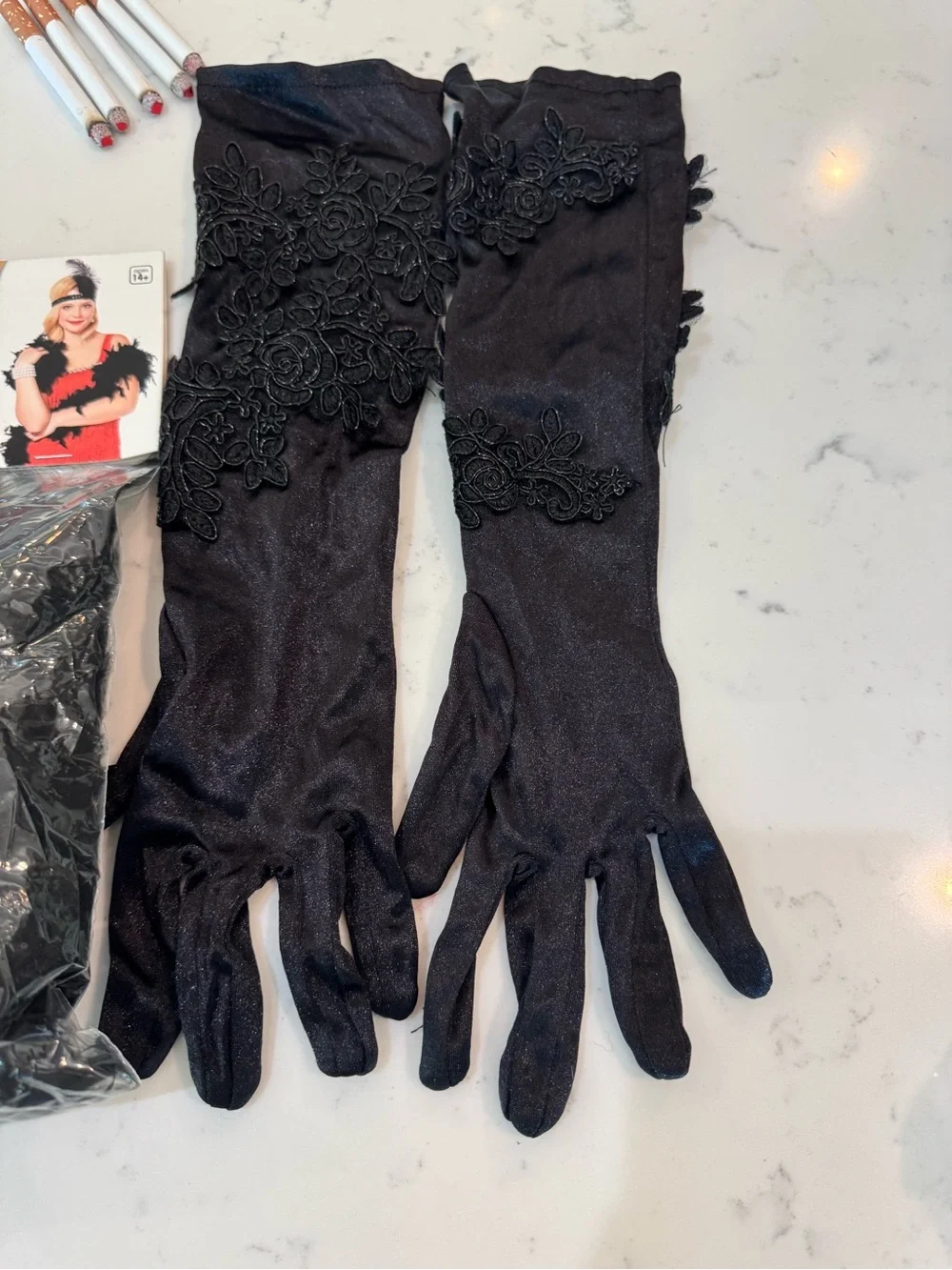 💃🏻1920s Flapper Costume Accessory Lot Spirit Pearls Boa Gloves Headband